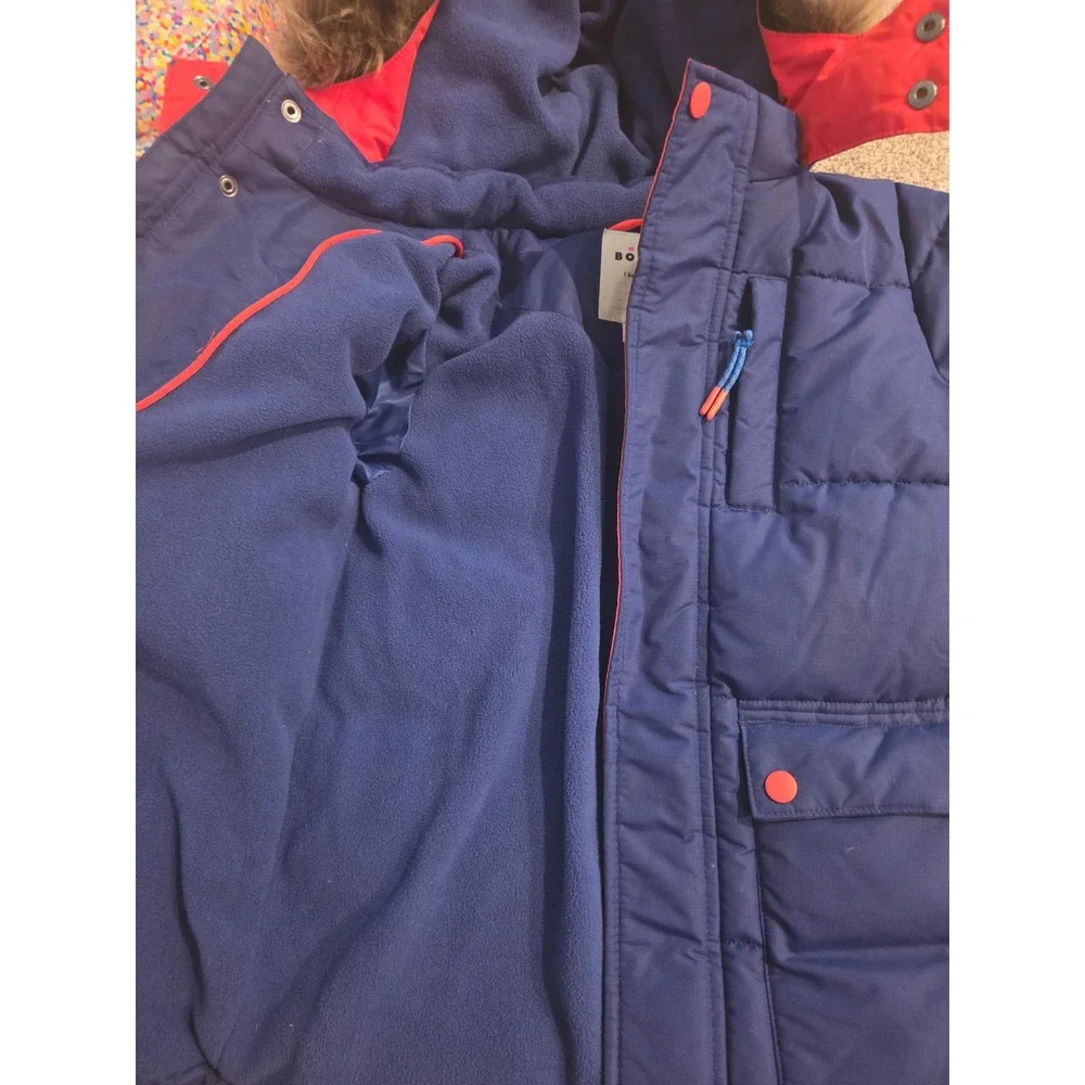 Mini Boden Boys Blue Puffer Parka Faux Fur Hood Fleece Lined Winter Coat 5-6Y